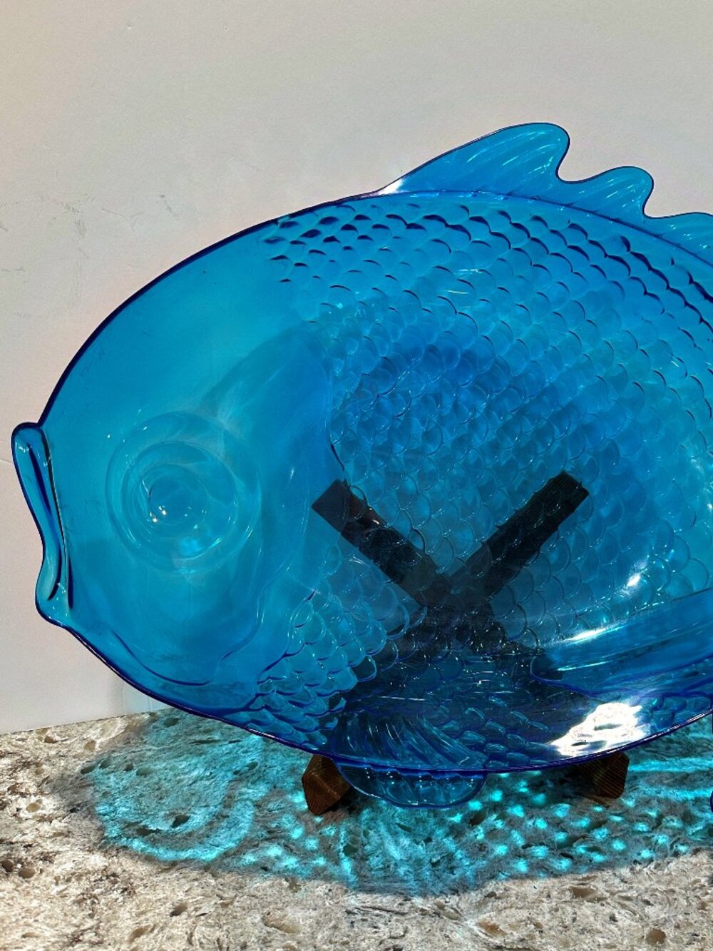 VTG 1970s Aqua Blue Fish Bowl Taiwan Plastic Acrylic Coastal Tiki Large 18.5"